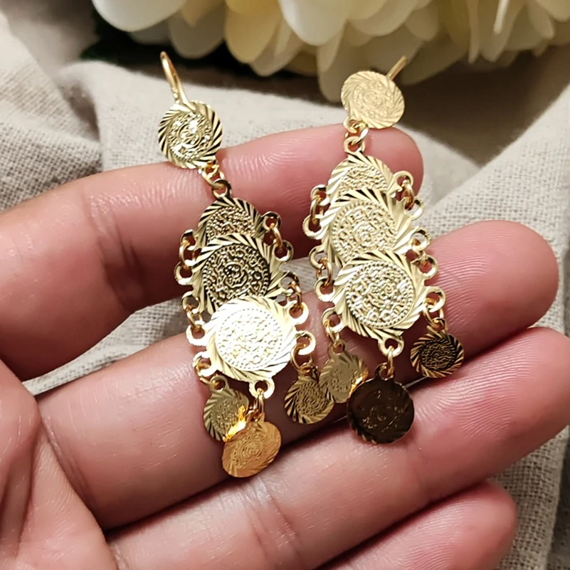 Coin Gold Color Earring For Women Men Arab Charm Pendant Earrings Banquet Jewelry Gift Coin Earrings for Wealth Transportation