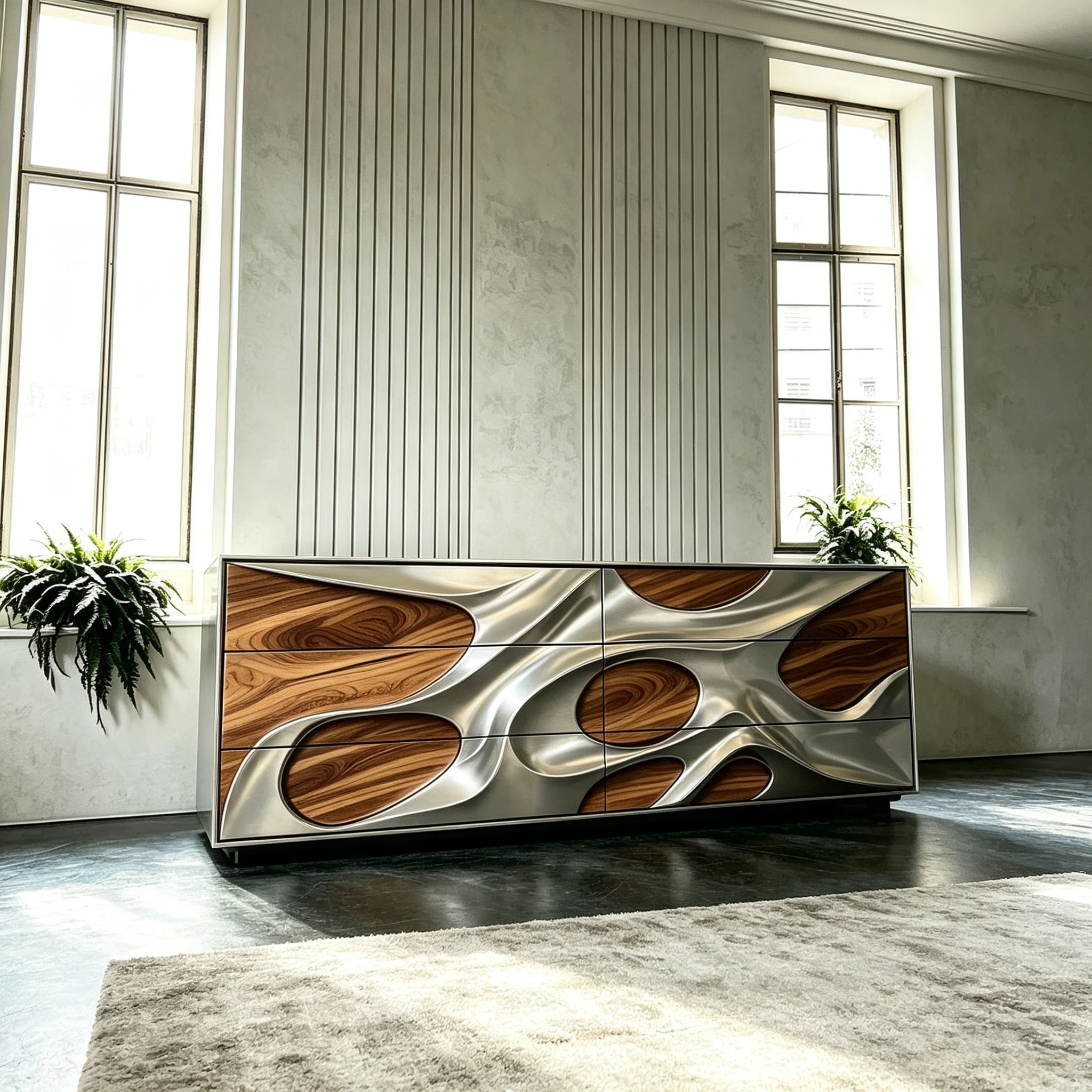 N*-Organic Fluid Walnut Wood Metal Fiberglass Storage Cabinet 6 Drawers for Modern Art Home Decor
