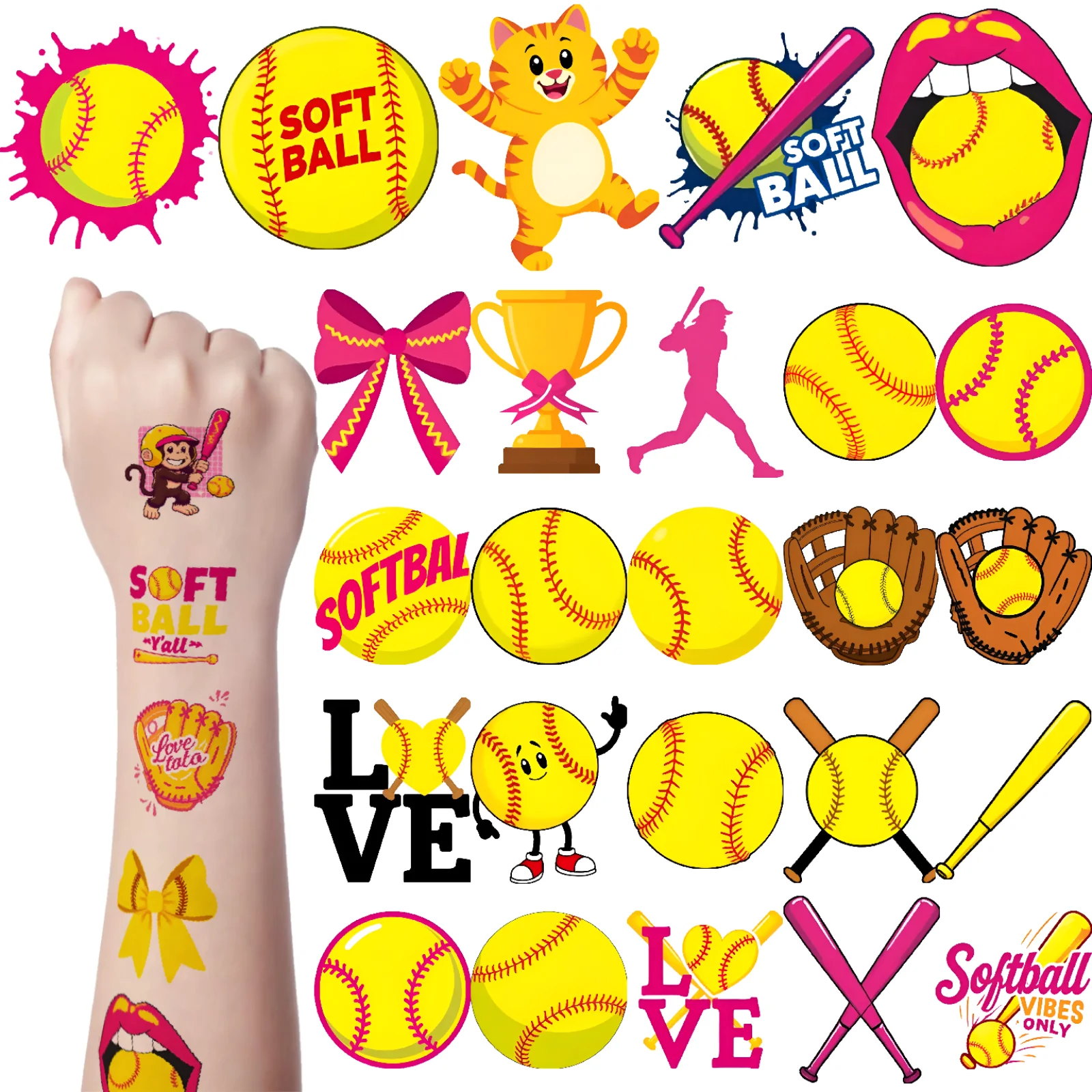 

54pcs Temporary Tattoo Sports Icon Waterproof Long-lasting Body Stickers Softball Sticker Cartoon For Cheeks Arms