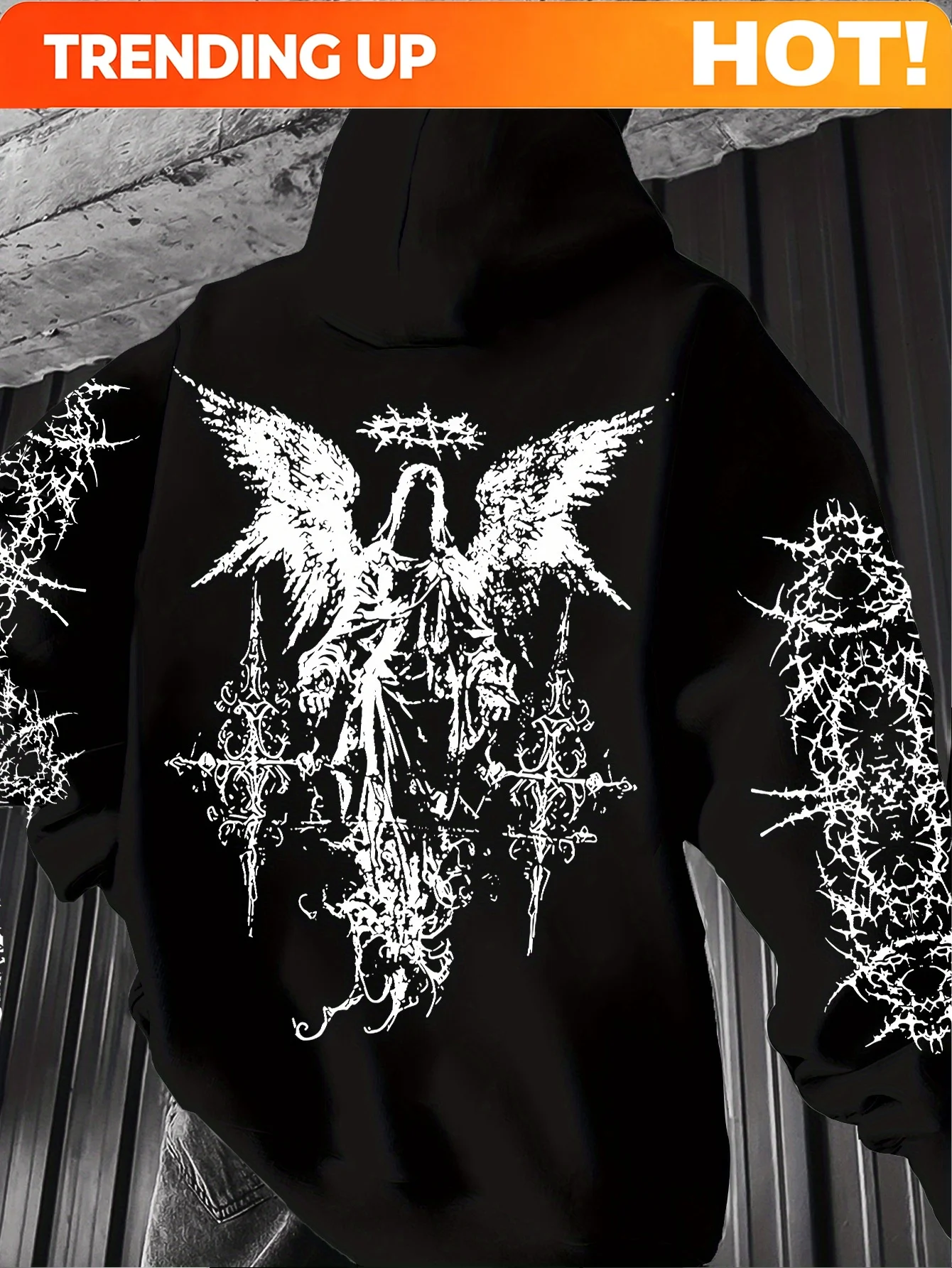 Customization Men's Angel-themed Graffiti Thorn Print Streetwear Hip-hop Punk Style Hooded Sweatshirt Regular Fit Version Sweats