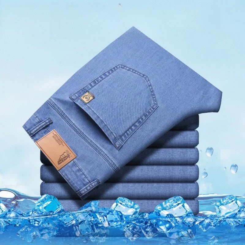 Men's Ice Silk Jeans Summer New Lyocell Thin Business Casual Denim Pants Classic All Match Slim Fit Straight Elastic Jean Male