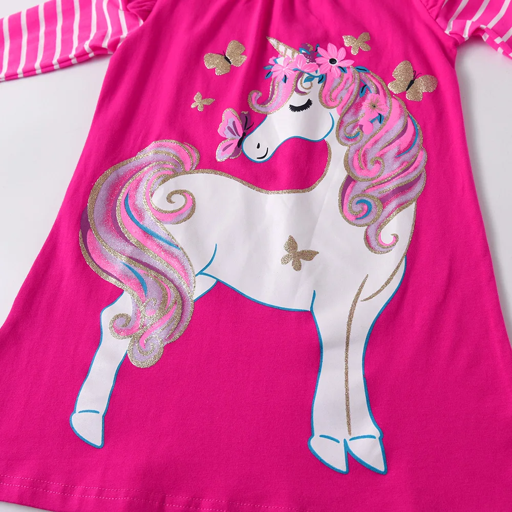 DXTON Cotton Kids Dress For Girls Striped Flying Sleeve Winter Children Clothes Cartoon Unicorn Printed Toddlers Casual Dresses