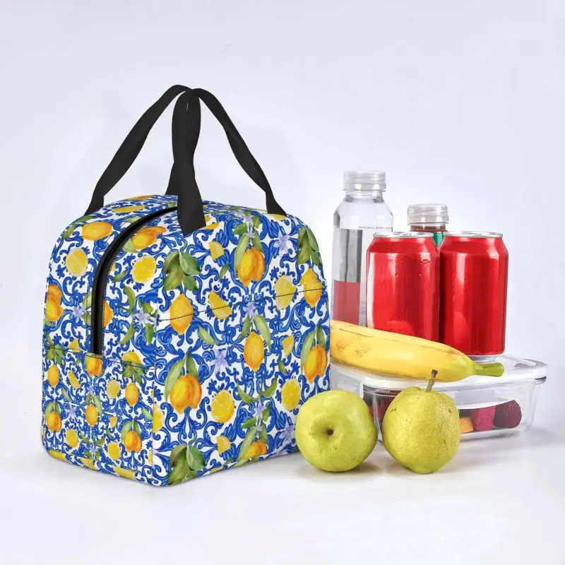 Custom Summer Fruit Lemon Mediterranean Tiles Lunch Bag Waterproof Cooler Thermal Insulated Lunch Box For Women Food Tote Bags