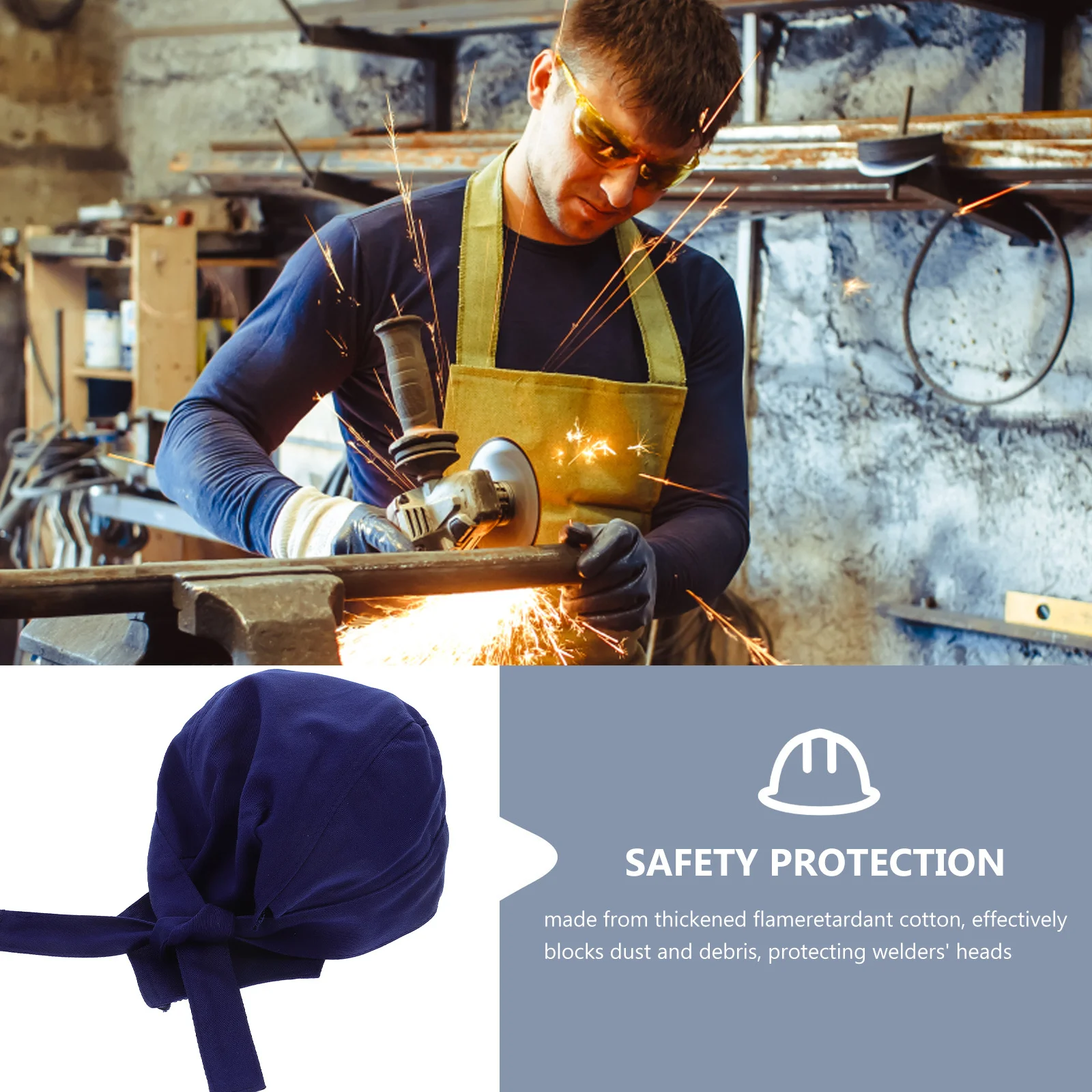 Niebieska bawełniana czapka spawalnicza, pogrubiona, ognioodporna, regulowana bandana ochronna, osłona głowy, pyłoszczelna, oddychająca czapka robocza.