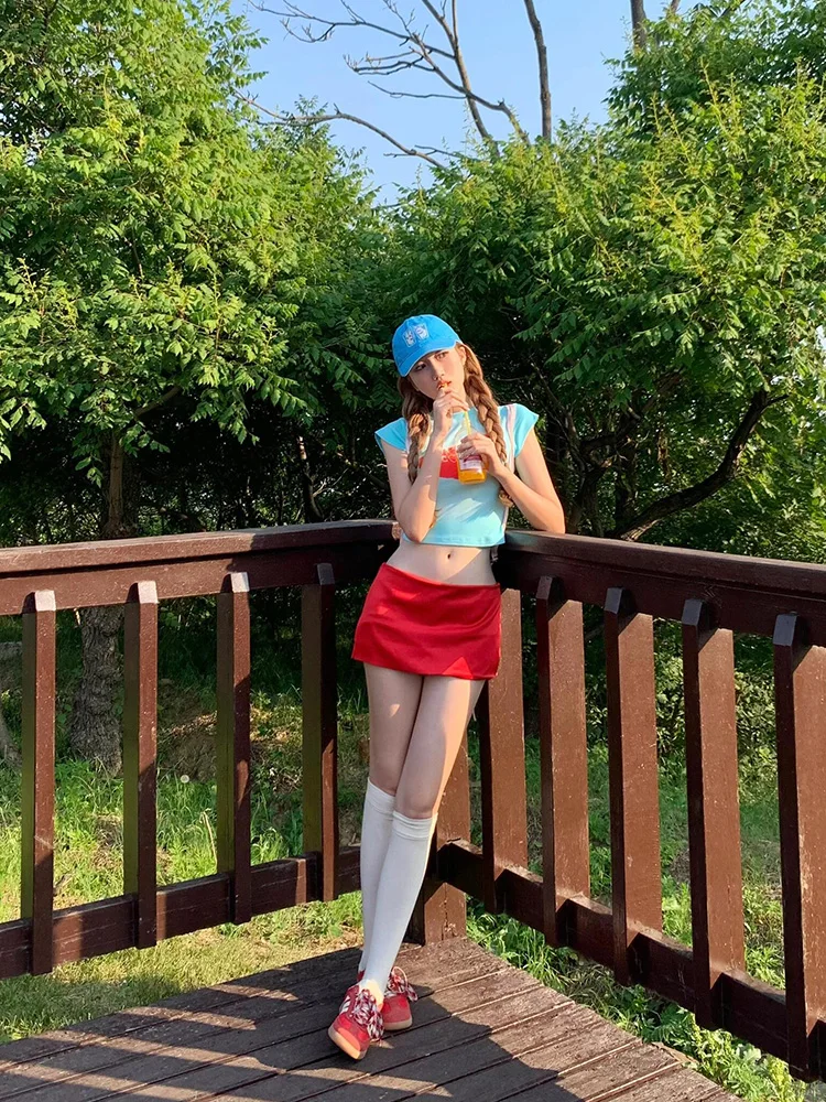 Mint Wave Fruit oulder ort Sve T-irt Women Summer American Hot Girl Slim Fit ort Tight Beautiful Small Top