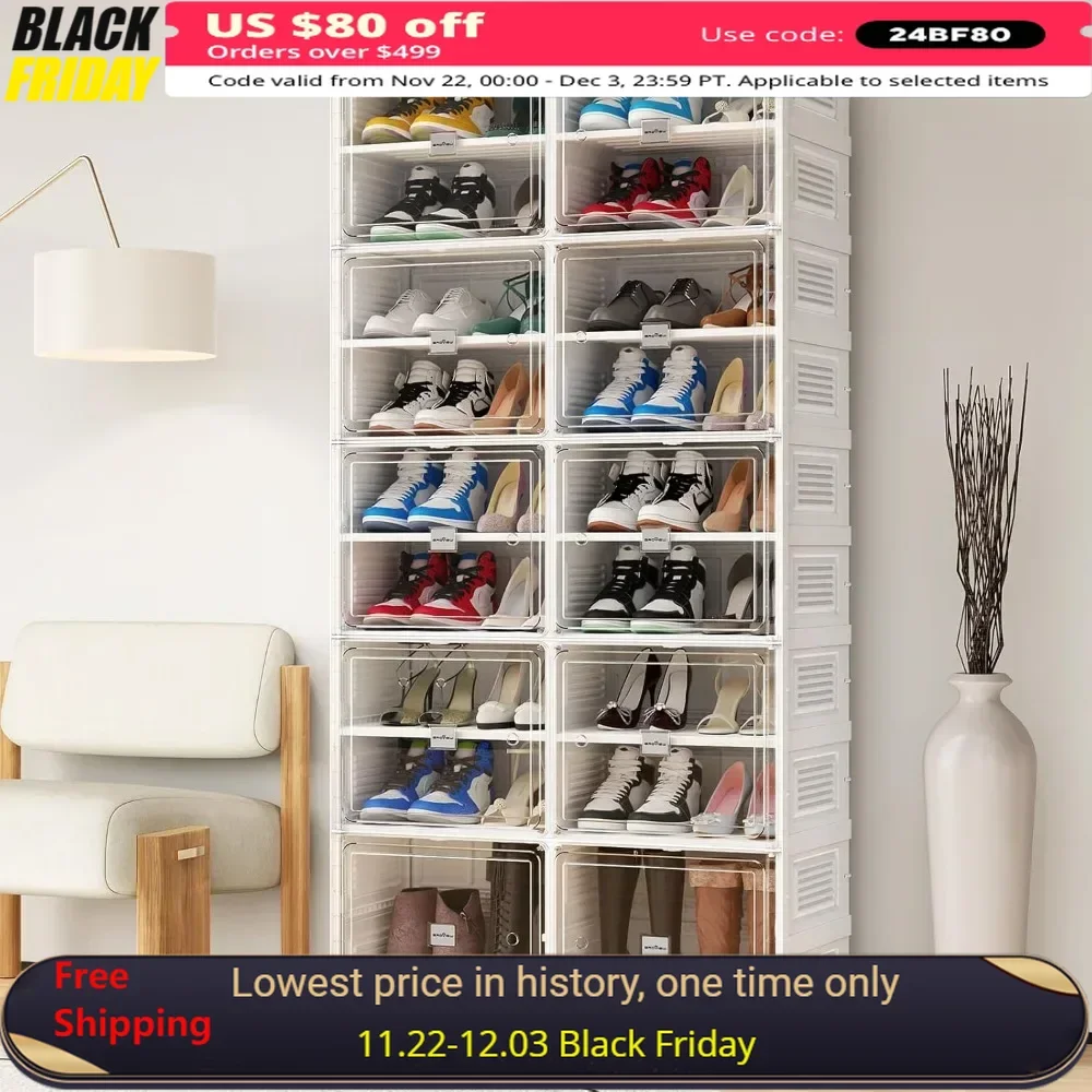 Shoe Storage with Magnetic Door Hard Plastic Stackable Shoes Box 9 Tiers 36 Pairs Folding Shoe Rack