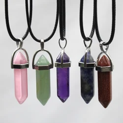 1Pcs Natural Stone Aventurine Opal Quartz Crystal Pendant Black Leather Necklace Hexagon Pendants For Women Men Jewelry