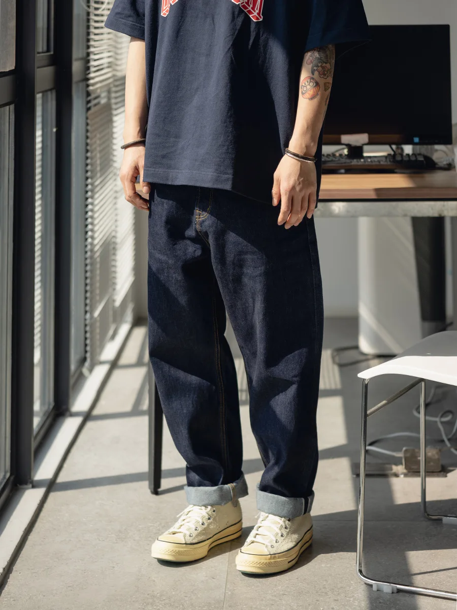 Unnoticed Japanese Style Workwear 14OZ  Ear Deep Crotch Wide Leg Loose Nine Men's Original Color Jeans Casual Wear