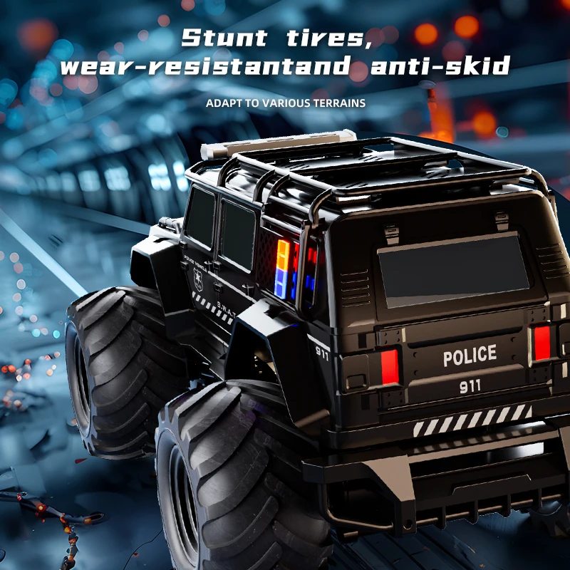 Amphibious remote-controlled off-road vehicle, waterproof charging, four-way lighting, police car, children's racing gift