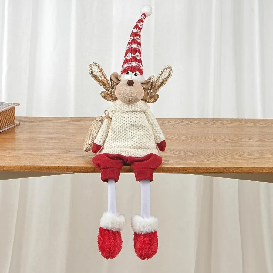 Figuras navideñas hechas a mano para exhibición festiva de mesa, ciervo de Papá Noel de felpa en suéter de punto con rojo y blanco