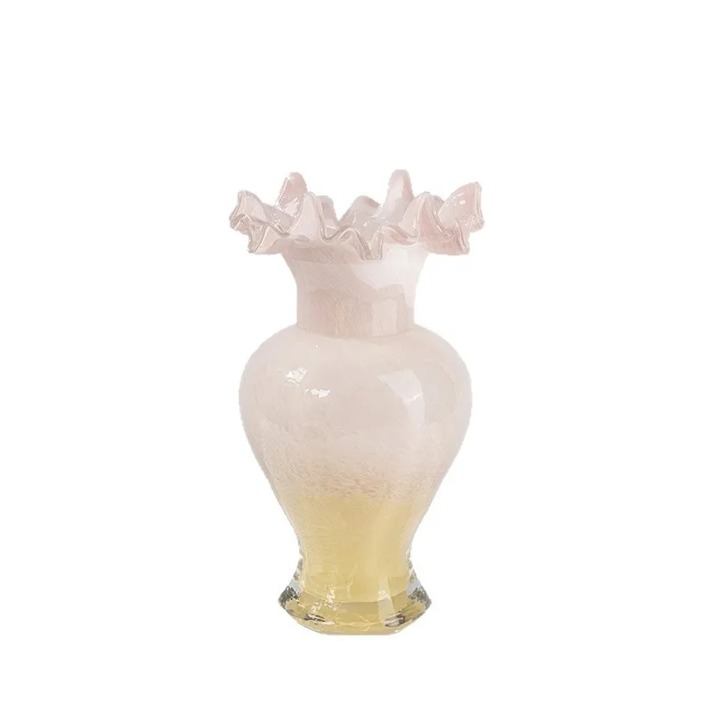 Medieval light pink glass vase ornament flower arrangement high-end sense home living room decoration French style