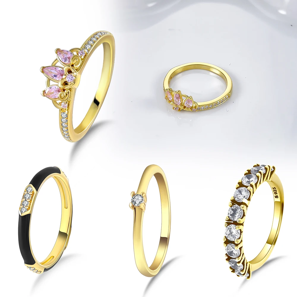 

New 925 Sterling Silver Rings Golden Pink Zirconia Ring For Women Original Silver 925 Wedding Ring Jewelry Gift