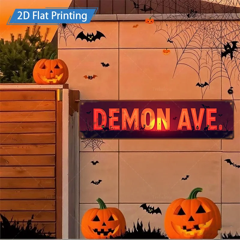 1 قطعة علامة معدنية، 4x16 بوصة علامة الهالوين شيطان Ave طباعة مسطحة ريترو شارع ديكور فني