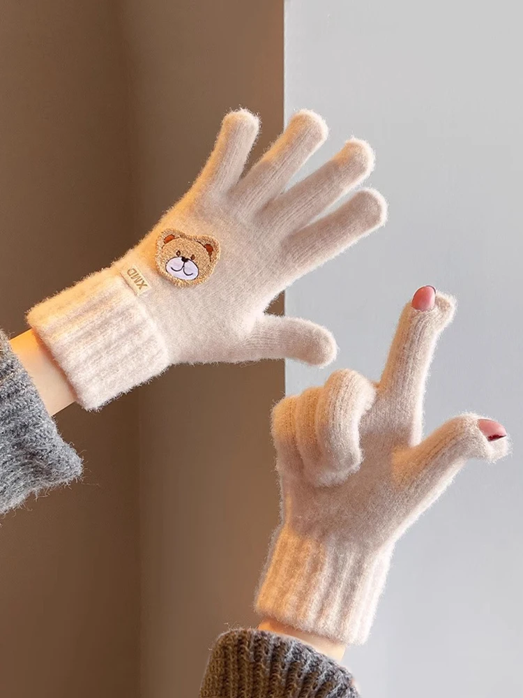 Thickened Knitted Woolen Gloves for Women Winter Outdoor Cycling Touchscreen Compatible Sweet Cute Bear Design Warm Gloves