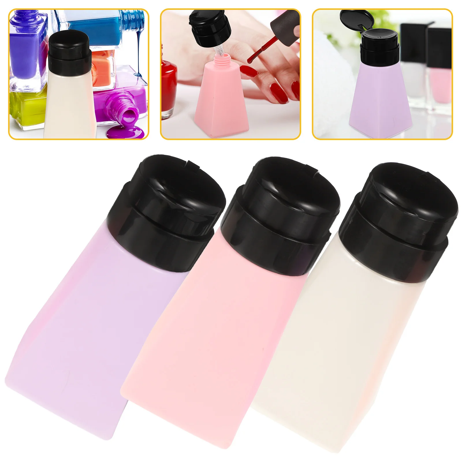 3 pezzi Bottiglie a pressione Dispenser per rimozione smalto a bocca larga Bottiglie con pompa vuote Contenitori per liquidi portatili Manicure