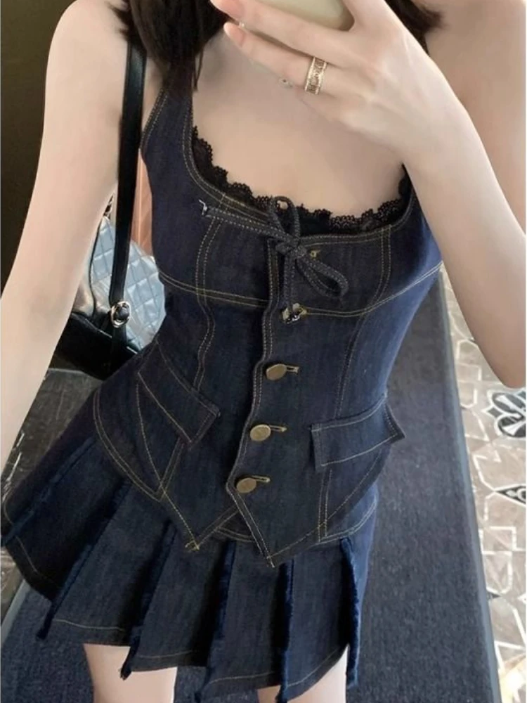 Gothic Y2k Sexy Two Piece Set Women Korean Sweet High Street Skirts Suit Female Off Shoulder Vest + Mini Skirt Skirt Denim Sets