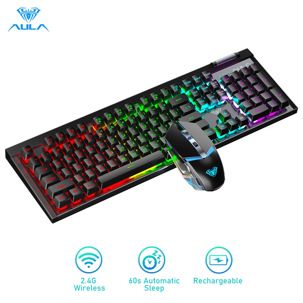 AULA T610 Wireless 2.4G Gaming Mechanical Keyboard and Gaming Mouse Combination Rechargeable Cool Lighting Office Gaming Desktop