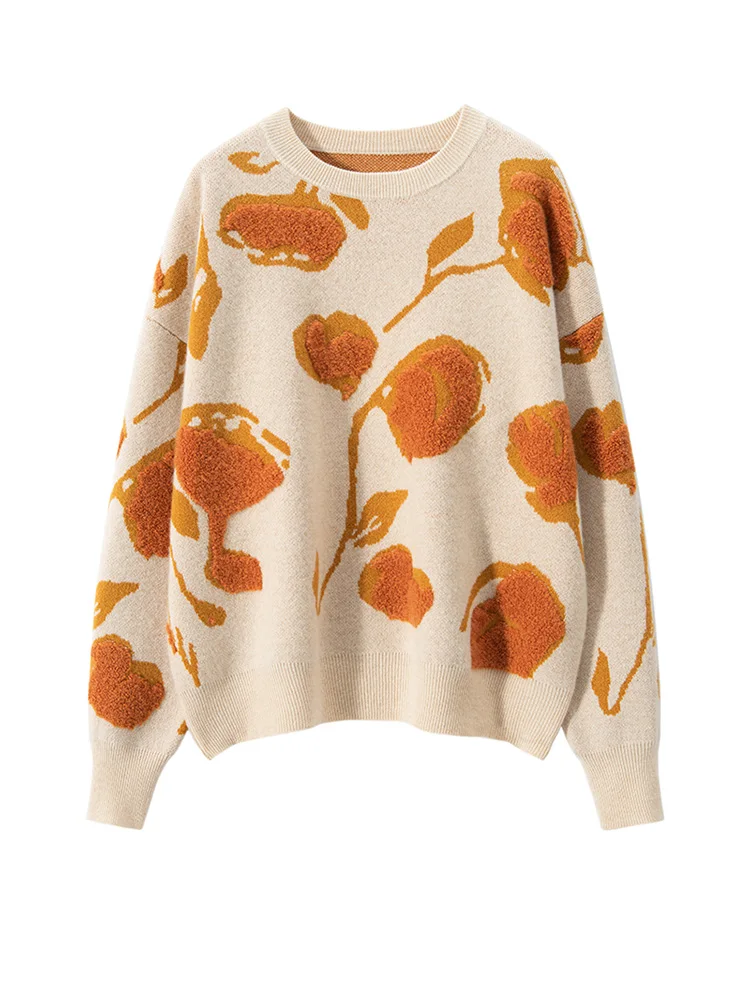 

Women 100% Cashmere Sweater Autumn Winter Flower Clothing Top O-neck Wide Sleeve Pullover Casual Simple Style Cashmere Knitwear