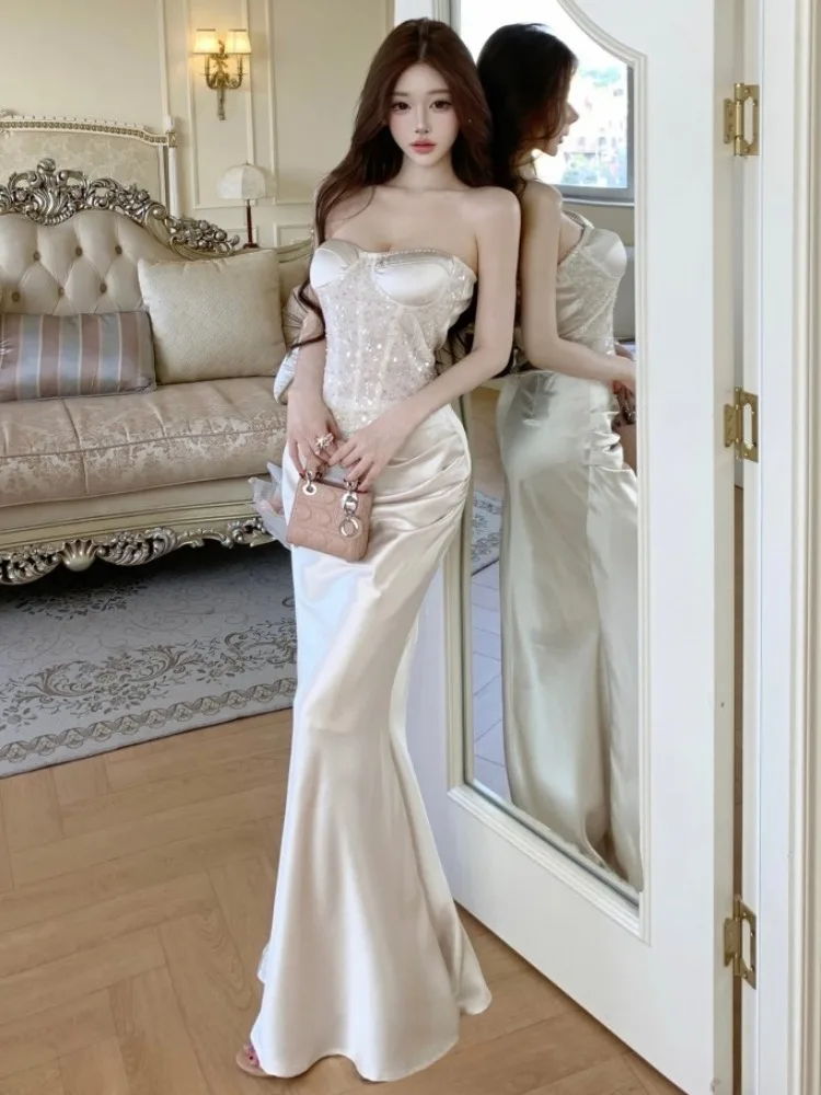 

Sexy Satin Fishbone Wrap Bodycon Dress Evening Party Set Elegant Draped Tunic Top And Skirt Two Piece Ensemble for Young Women