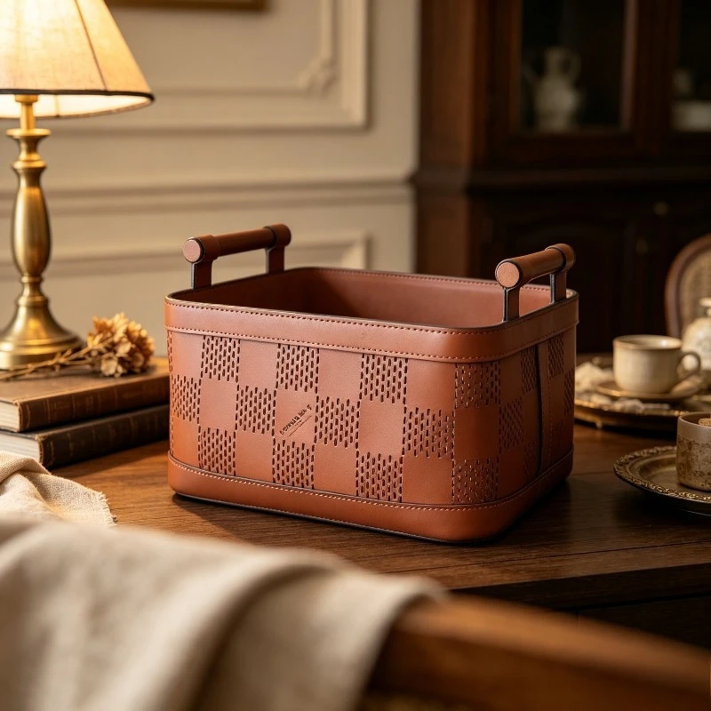 Wooden Carved Storage Basket with Handle, Lattice Pattern Organizer Box for Home, Stylish Container for Snacks & Daily Supplies.