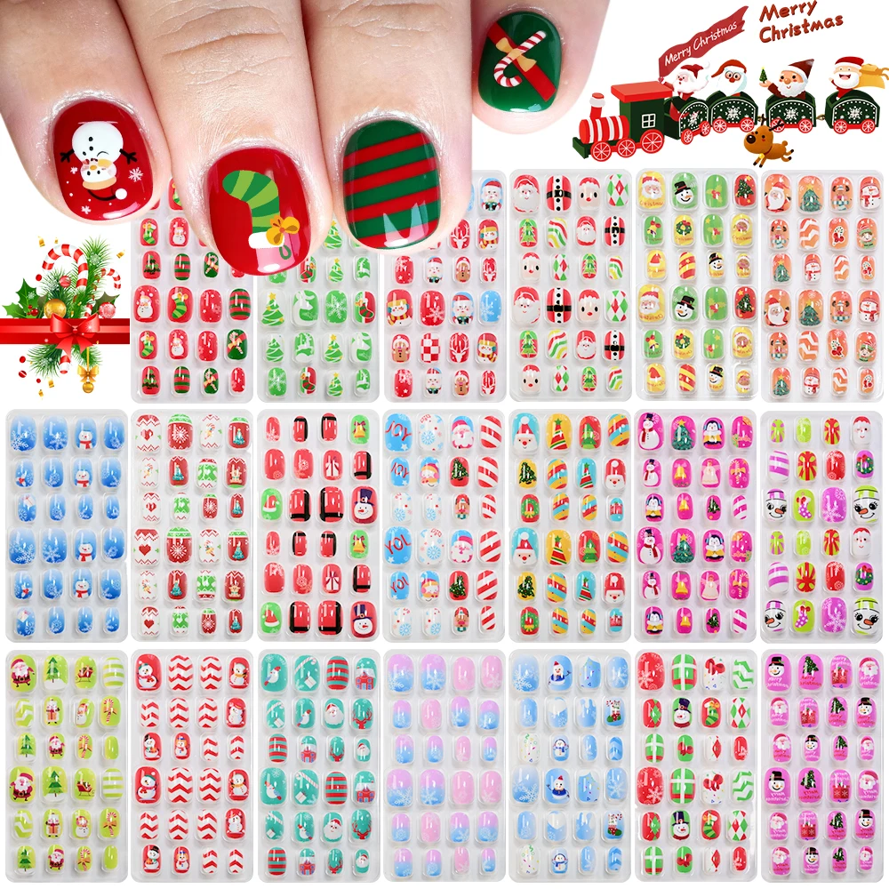 24 Teile/schachtel Mädchen Nette Weihnachten Kurze Gefälschte Nägel Kawaii Santa Claus Schneemann Elch Falsche Nägel Abnehmbare Volle Abdeckung Drücken Auf Nägel