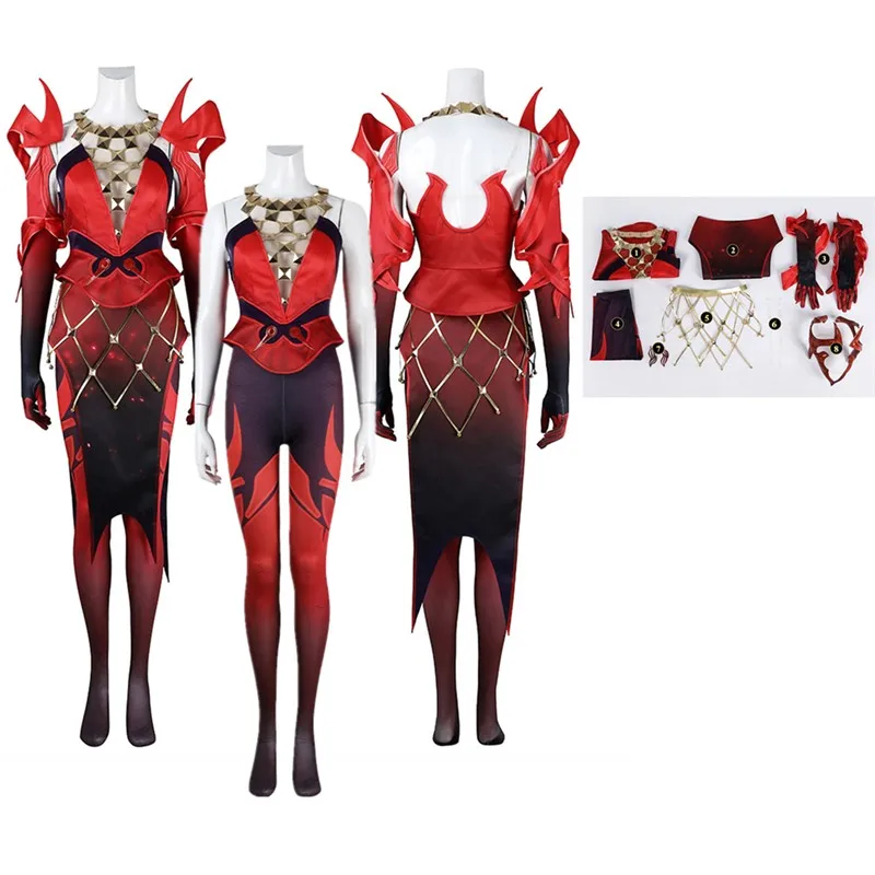 Disfraz de bruja escarlata de fantasía para mujer, falda superior con remaches, medias, guantes, clips para las orejas, traje de fiesta de Carnaval y Halloween