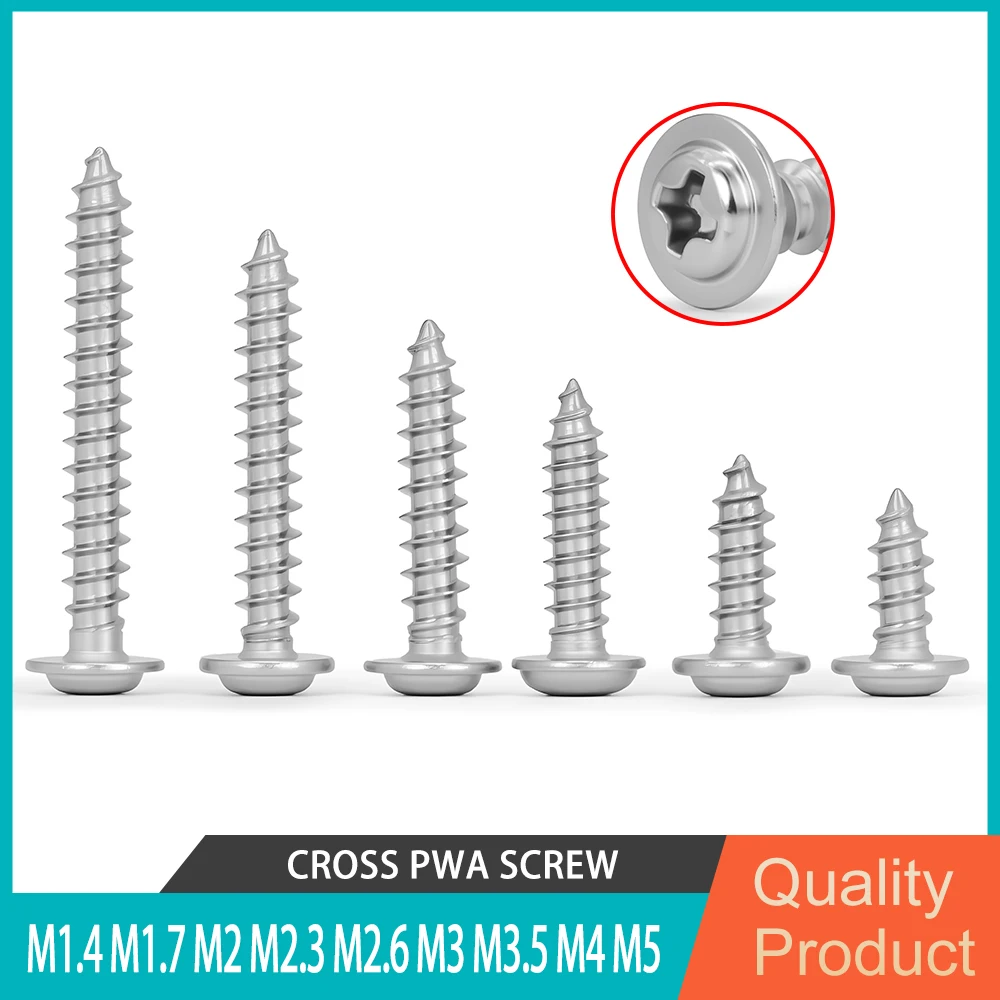 M1.4 M1.7 M2 M2.3 M2.6 M3 M3.5 M4 M5 304 Stainless Steel Phillips Round Head with Washer Self-Tapping Screws Cross PWA Screw