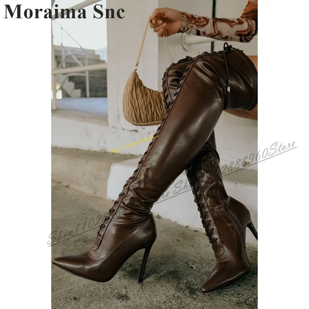 

Over The Knee Brown Cross Tied Slim Boots Thin High Heel Women Shoes Side Zipper Pointed Toe 2024 Fashion Zapatos Para Mujere