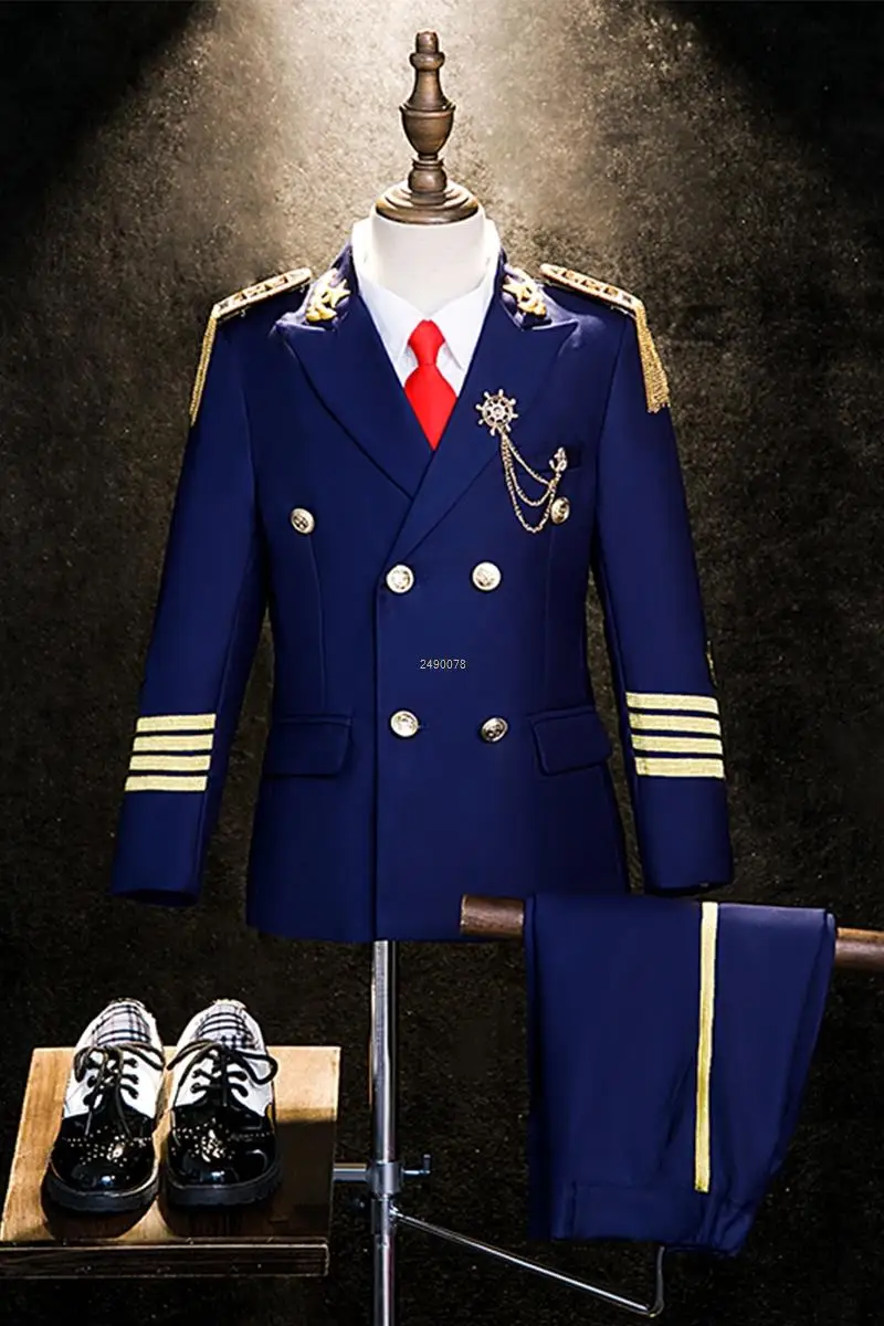 Boys Captain Cos Uniform Kids Formal Jakcet Pants Tie 3P Performance Suit Children Photograph Dress Teenagers Stage Show Costume