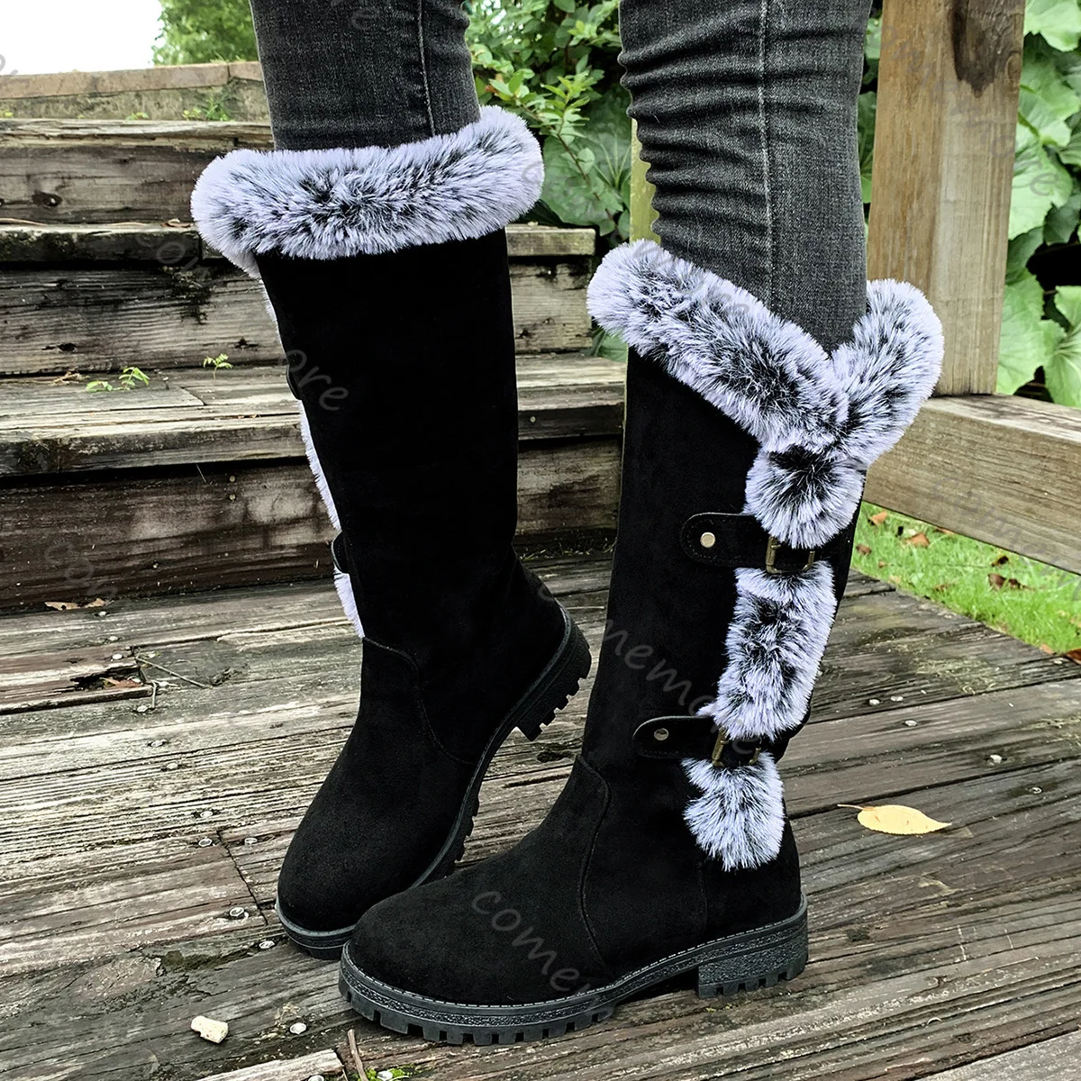 Comemore Winterschuhe für Damen, samtverdickte Schneestiefel, dicker Absatz, runde Zehen, lässige Gürtelschnalle, pelzige mittelhohe Stiefel für Damen