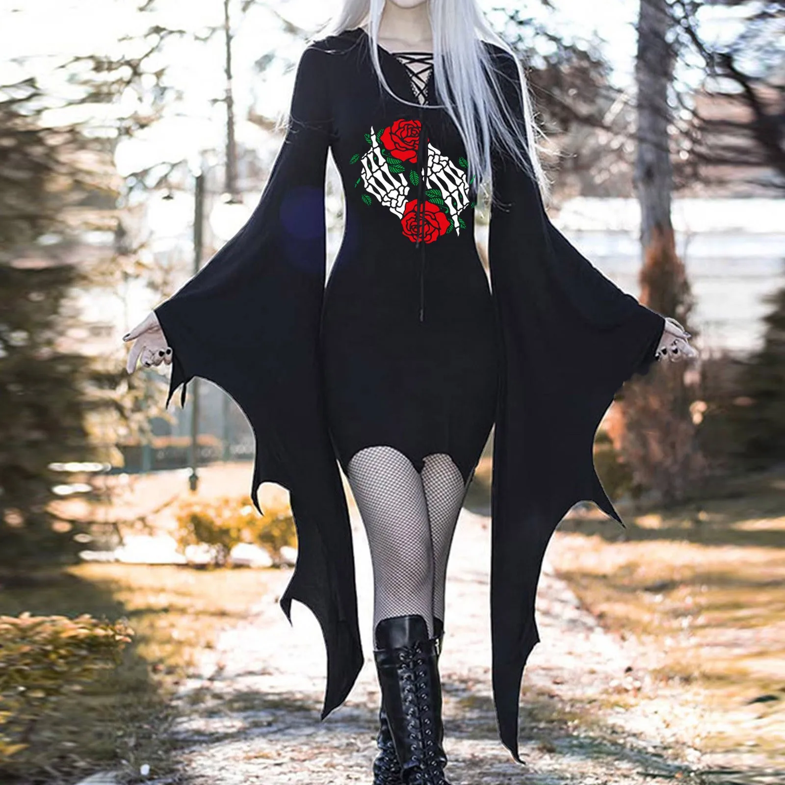 

Vintage Halloween Dress Witch Vampire Cosplay Costumes Gothic Batwing Sleeve Dresses Up Medieval Female Party Slim Dress Vestido