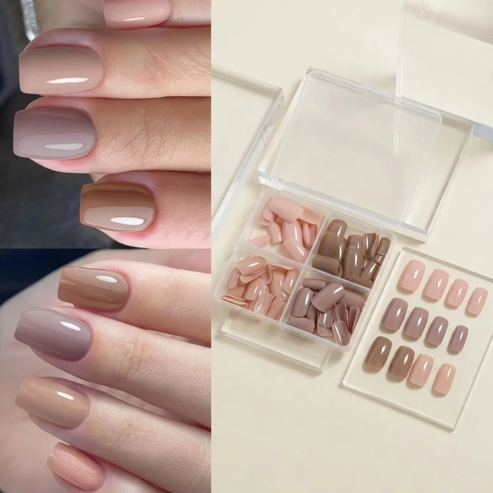 96Pcs/box Glossy Short Square Press On Nails Natural Brown Nude Pink Fake Nails 12size Full Cover Soft Gel False Nails #4colors