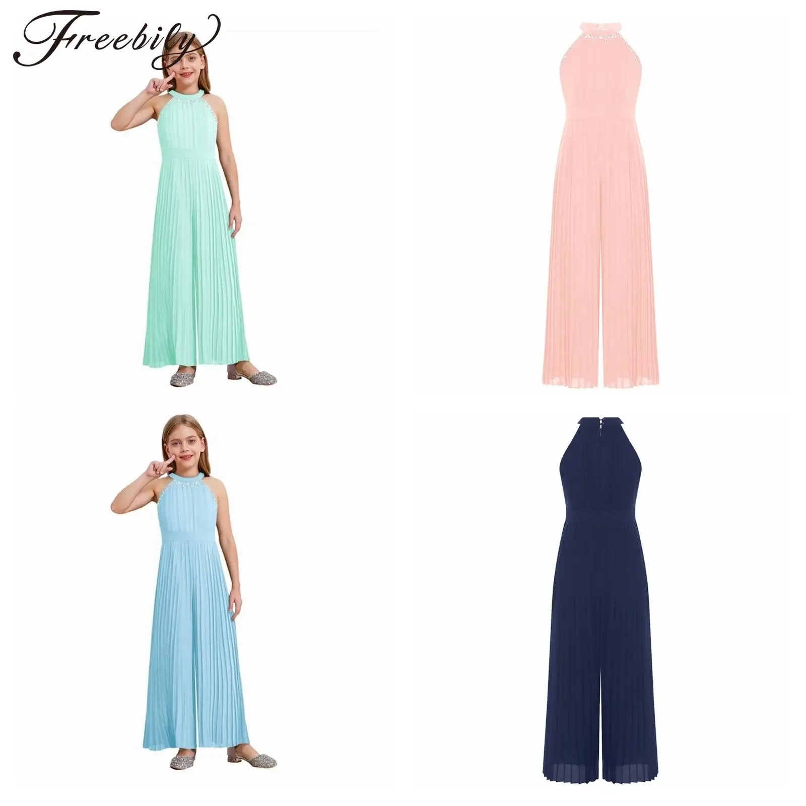 

Kids Lyrical Dance Costume High Waist Sleeveless Jumpsuit Wide Leg Pants Modern Dancing Clothes Girls Jumpsuits Pleated Rompers