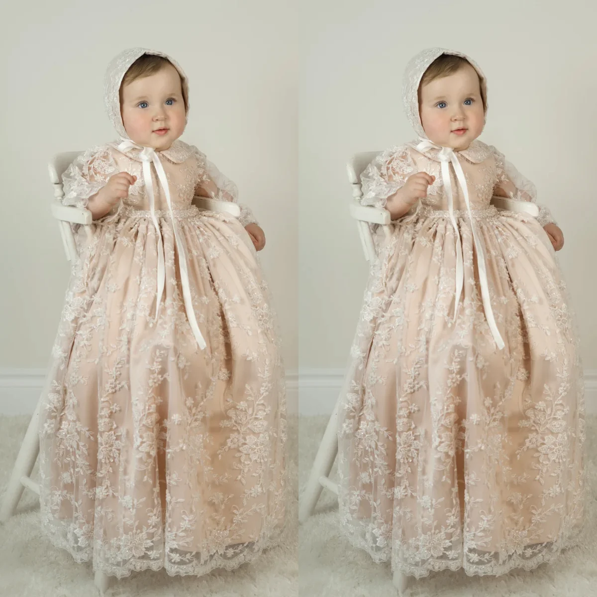 Sukienki do chrztu dla niemowląt z koronki szampańskiej, zdobione koralikami, długie sukienki do chrztu dla dziewczynek, sukienki na urodziny dla noworodków, sukienki na Pierwszą Komunię Świętą.