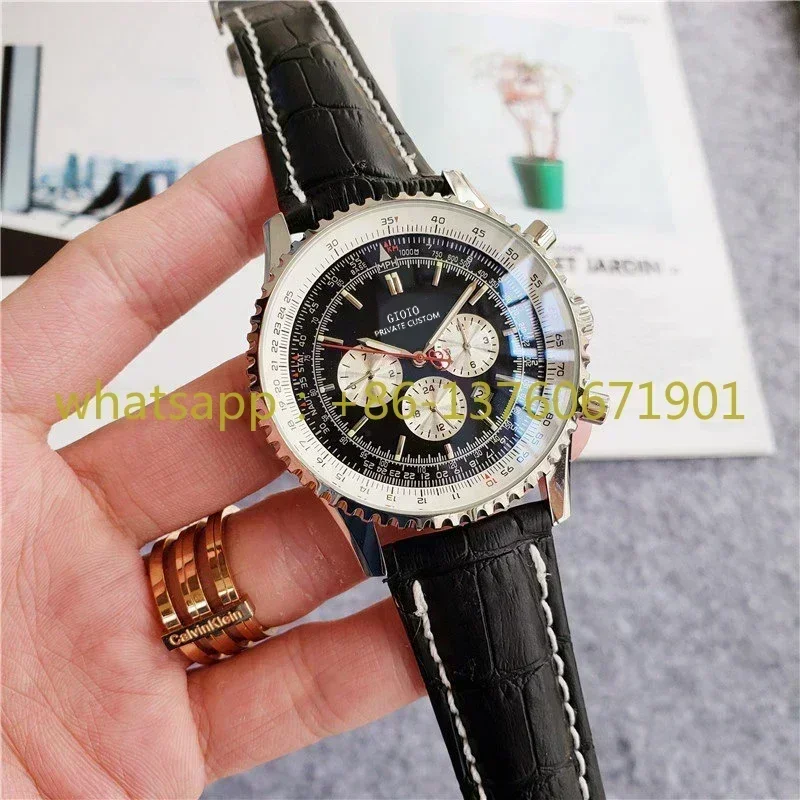 Luxury New Mens Quartz Chronograph Watch Stainless Steel Bracelet Classica Black Blue Leather Yellow Dial Watches