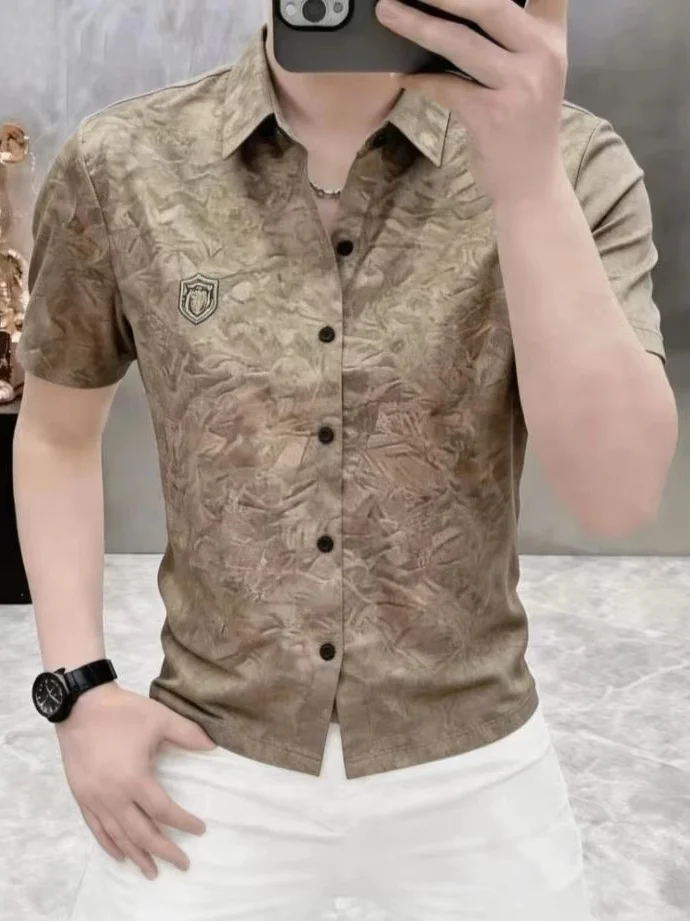 

High-End Men's Short Sleeve Shirt Luxury Print Half Sleeve Trendy Summer Fashionable Polyester Fiber 100% Slim Fit Casual Shirt