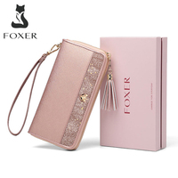 FOXER Women's Glitter Split Leather Long Wallet With Wristle Luxury Female Gift Purse Lady Clutch Phone Bags Stylish Card Holder