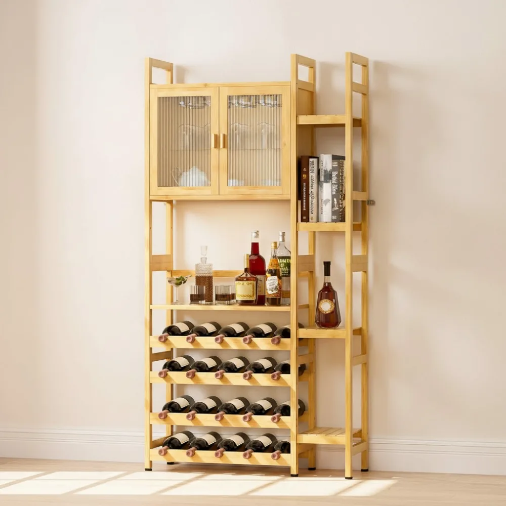 

4-уровневый бамбуковый винный шкаф со стеклянными дверями, отдельно стоящий стеллаж для хранения вещей для гостиной и кухни