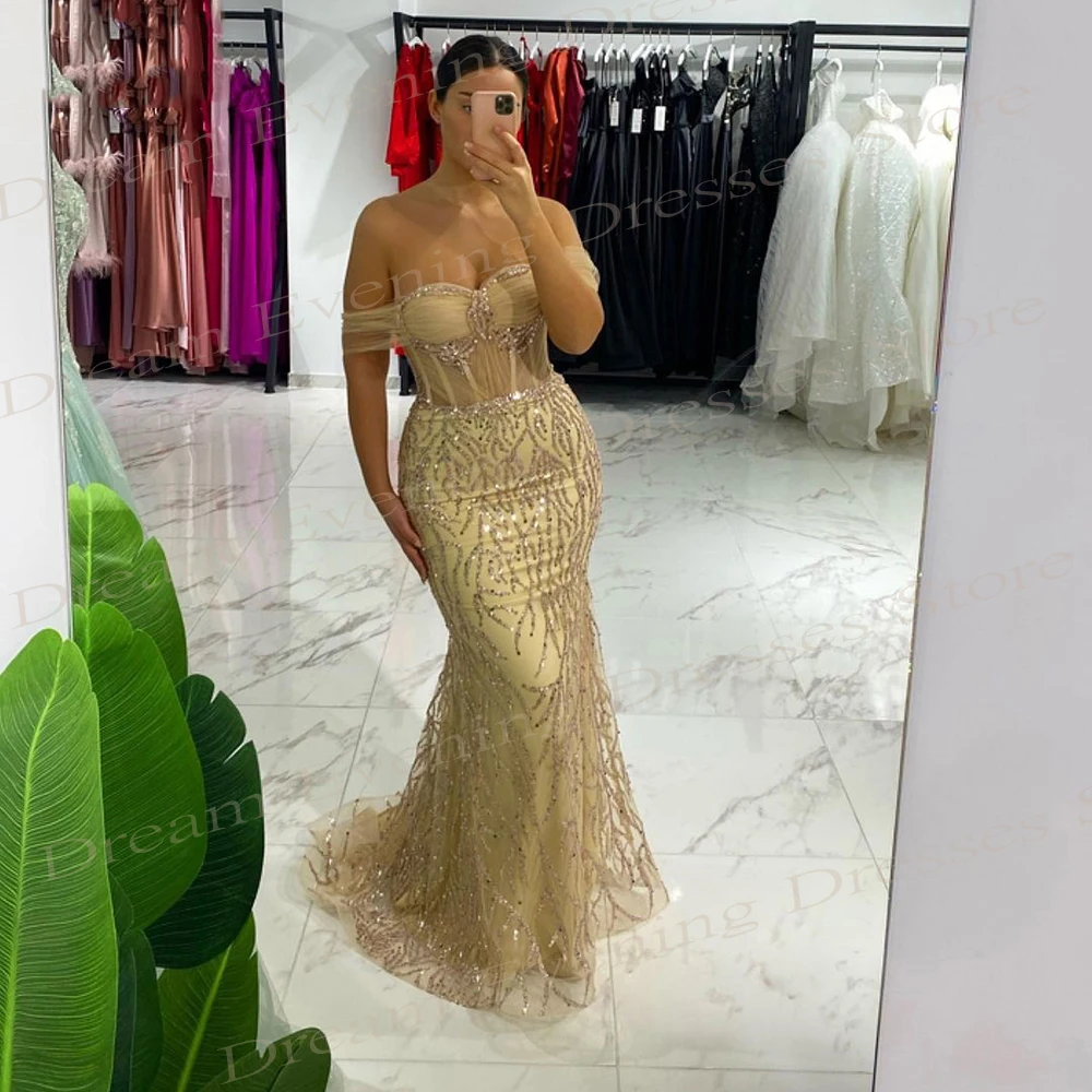 2024 Gorgeous Graceful Women's Mermaid Luxurious Evening Dresses Off The Shoulder Glitter Prom Gowns Sleeveless Robe De Soirée