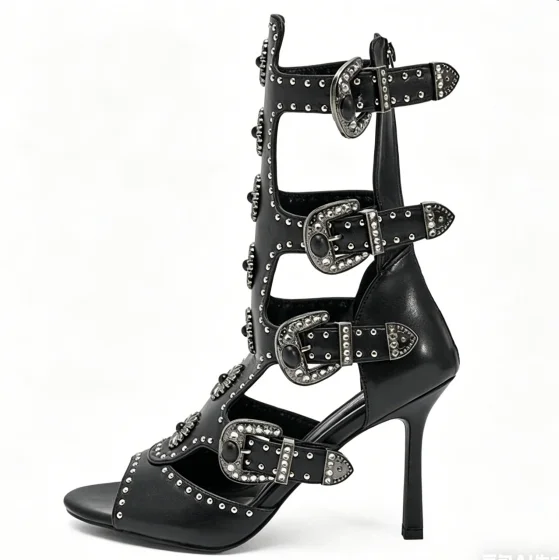 Women's Western Studded Buckle Cutout Heel Boots Open Toe Cowboy Style Sandals Vintage Edgy Footwear for Parties Festivals