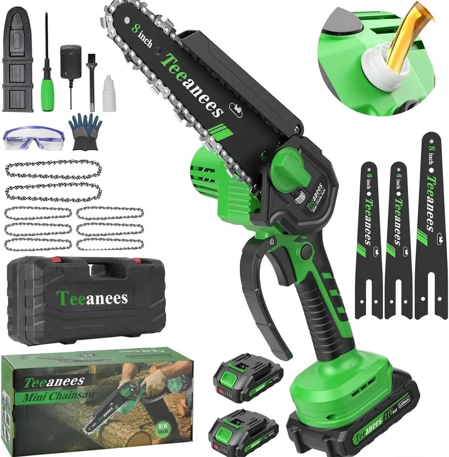 

8 Inch Cordless Mini Chainsaw with 2 Batteries, Auto Oiler for Wood Cutting and Tree Trimming