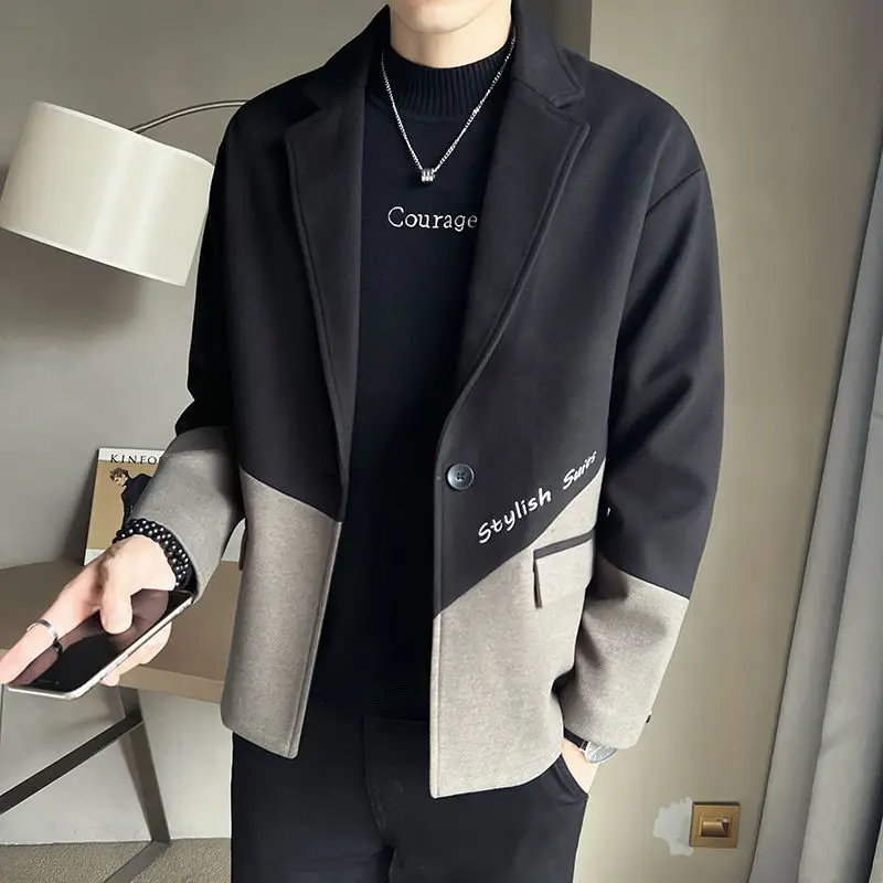 Korean 2024 Autumn Winter New Men\'s Patchwork Suit Collar Button Pocket Fashion Loose Minimalist Casual Long Sleeved Blazers