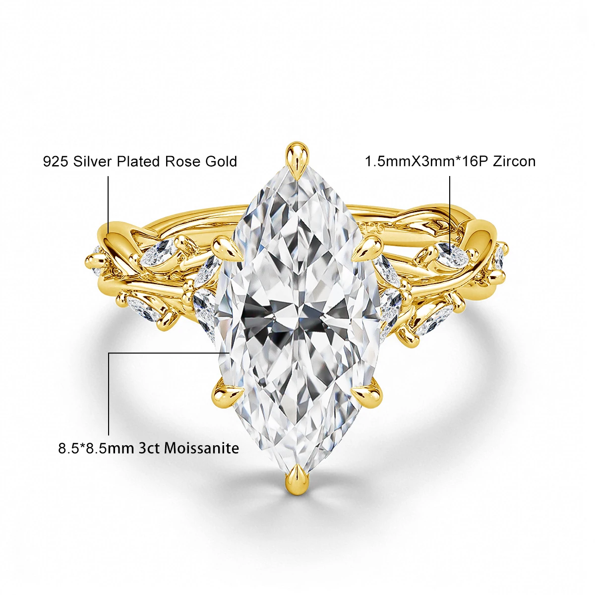 925 Sterling Silber 3 Karat Marquise-Schliff Moissanit-Ring Ausgehöhlter Totem-Ranken-Verlobungsring Brautschmuck – Detail 1