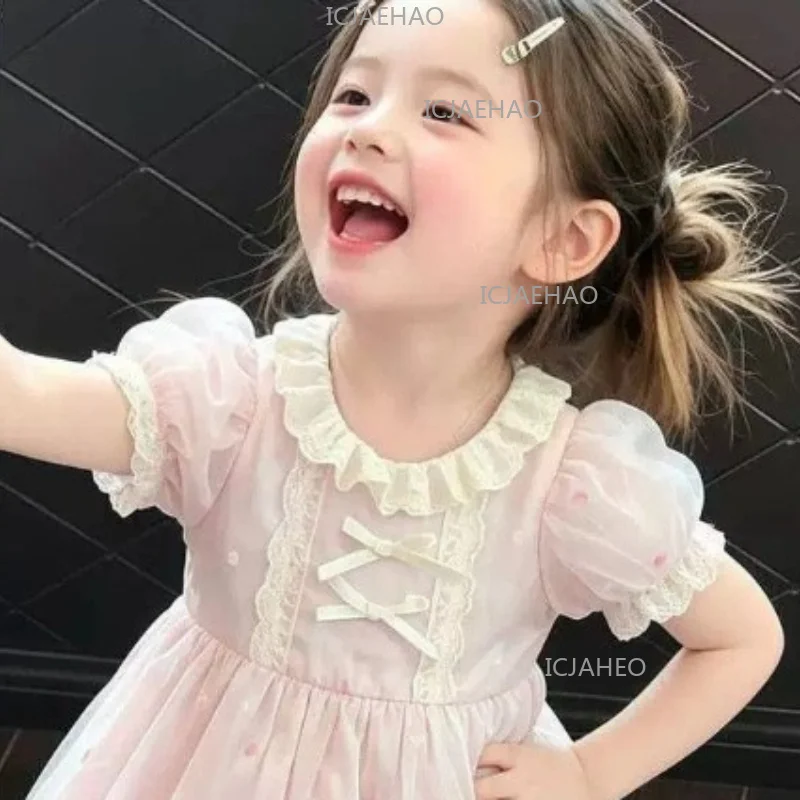 Puff Sleeve Lolita Dress Costume Summer New Lace Princess Tutu Gown Pageant Elegant Birthday PartyChildren Girls Sweet Pink