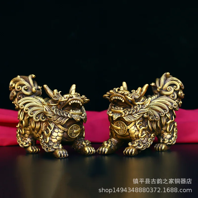 Brass Kirin Figurine Crafts Office Living Room Home Decorations Opening Ceremony Gift Pair of Copper Kirins