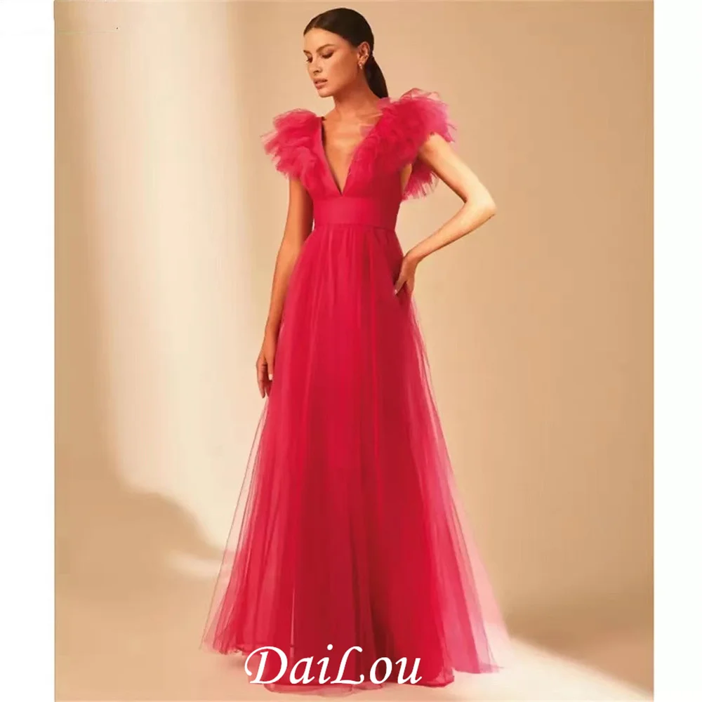 

Simple Ruffles Tulle Prom Dresses Cap Sleeves V-neck Formal Prom Party Gowns Backless Long Women's Evening Dress Free Shipping