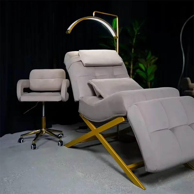 

Pink Leather Beauty Salon Massage Table with Stainless Steel Base New Design Curved Eyelash Bed for Professional Use