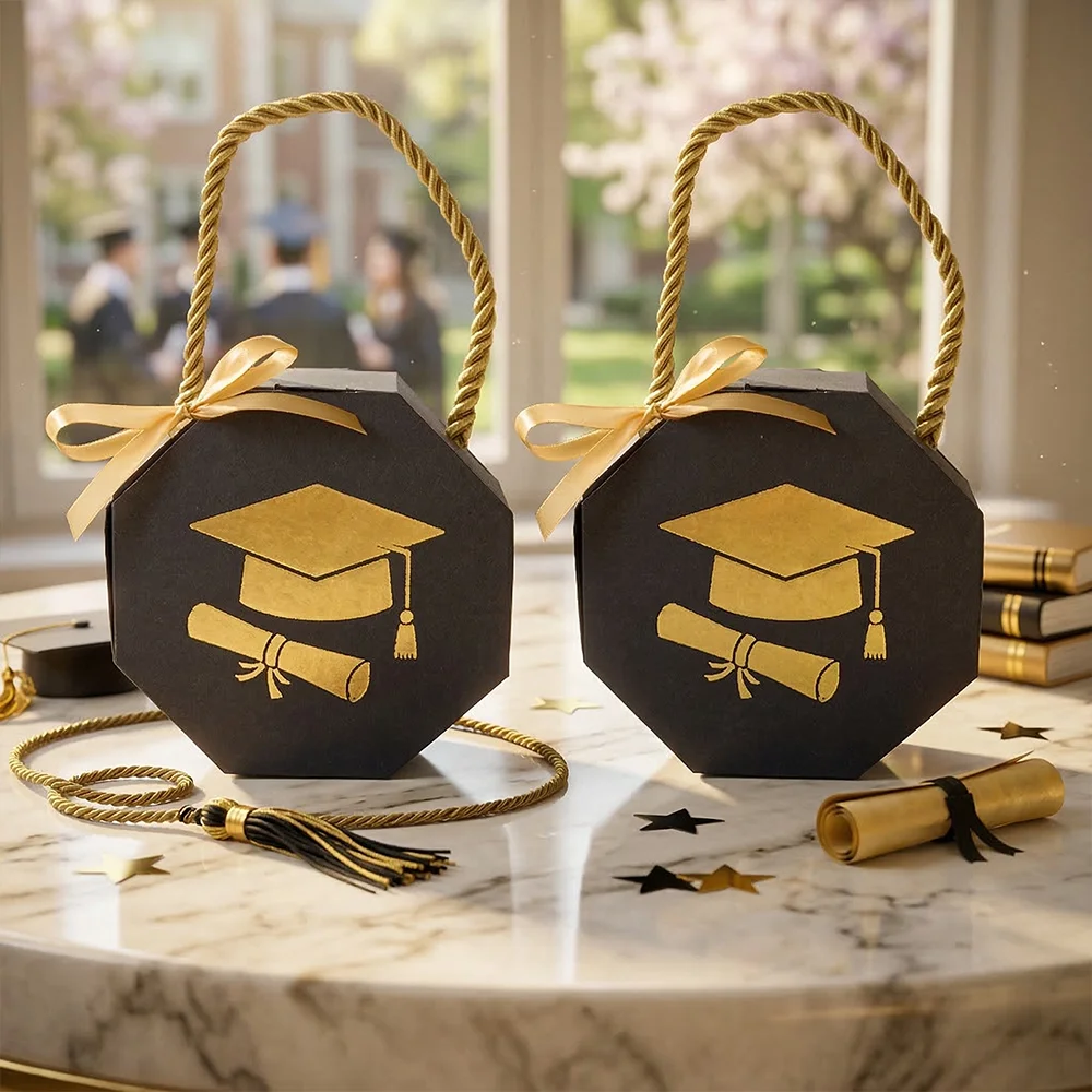 Geschenk für Sie/Ihn. Set mit 10 Süßigkeiten-Geschenkboxen im Design von Abschlusskappen. Diese achteckigen Mini-Geschenktüten sind tragbar.
