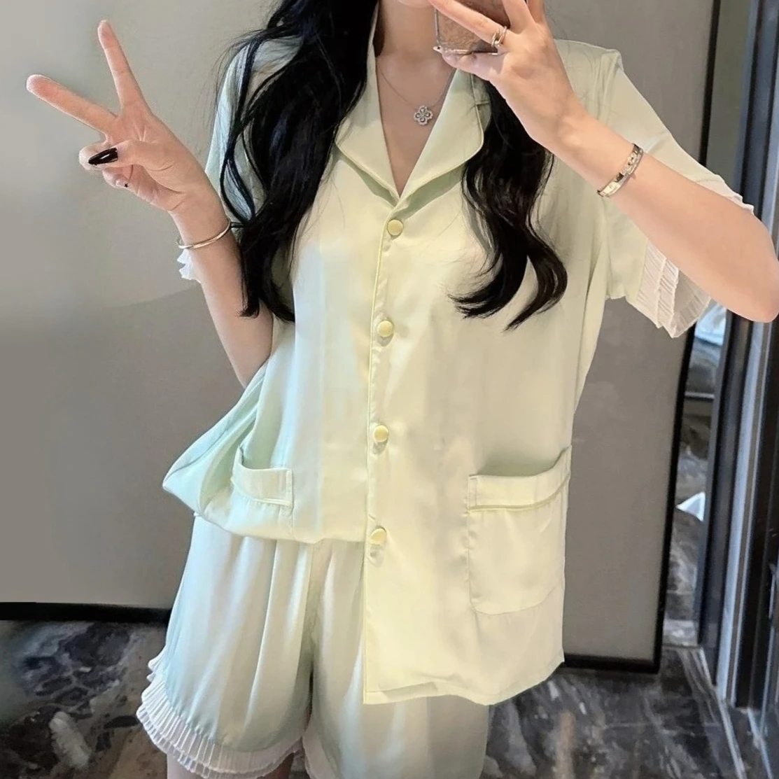 

Twinset Lapel Womens Pajamas Set Summer Sleepwear Lingerie Short Sleeve Pijamas Suit Silky Satin Nightsuits Home Clothes