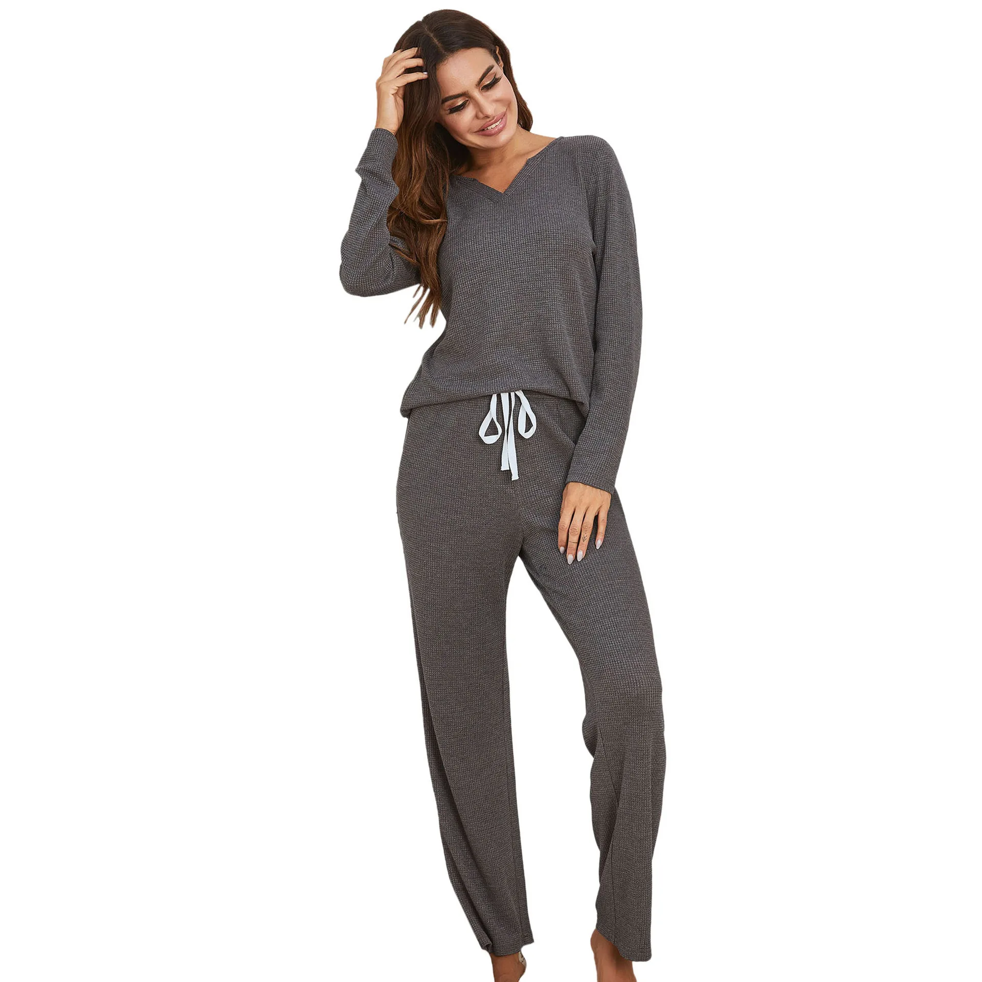 Set di abbigliamento da casa da donna in stile minimalista con maniche lunghe e pantaloni in cotone, set di indumenti da notte per la casa